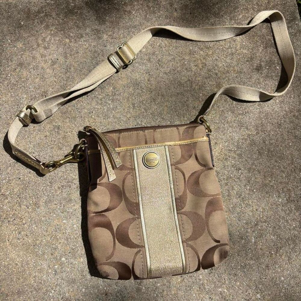 Y2k 2000s Coach Crossbody Bag Tan Monogram Canvas Adjustable Bag